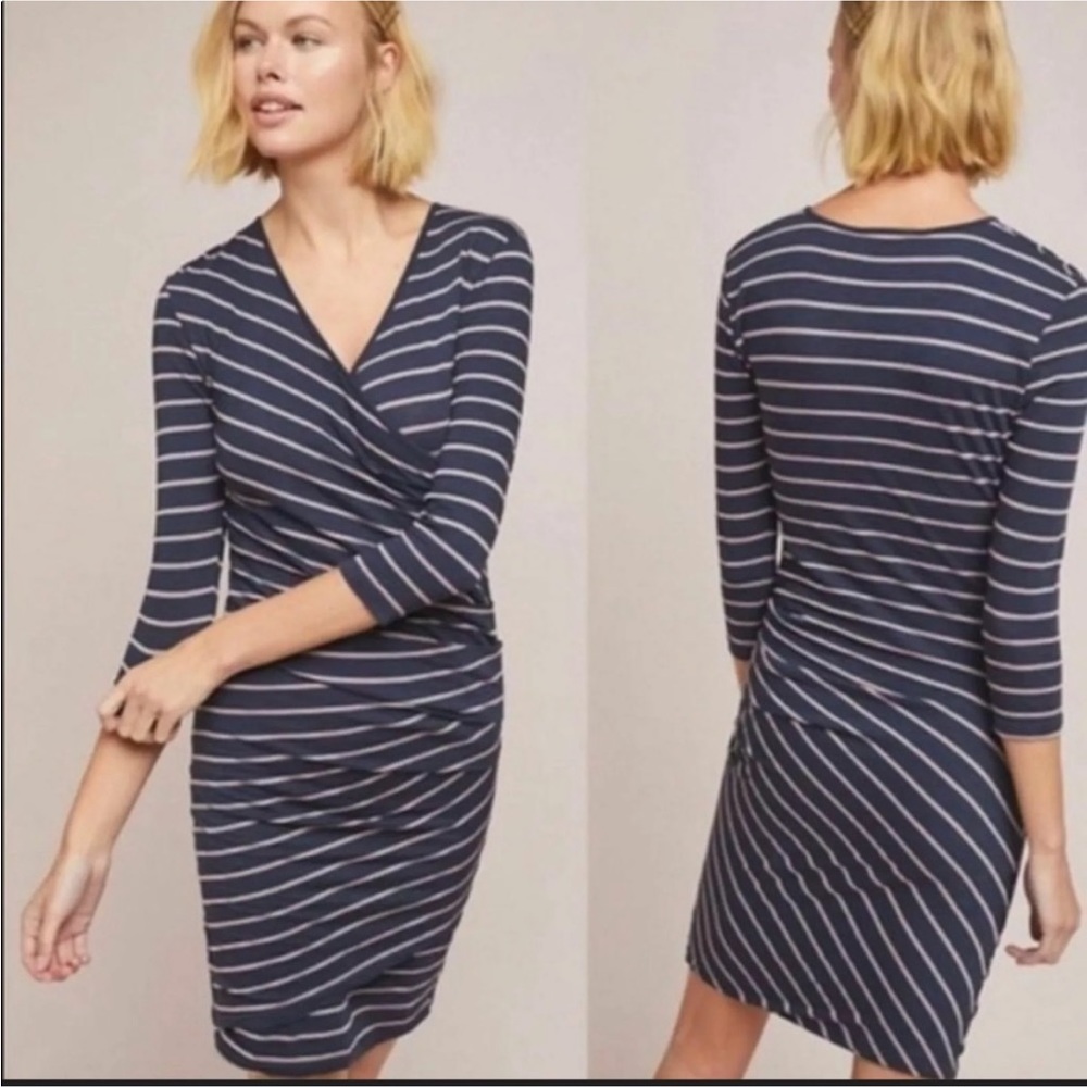 SUNDRY Navy Faux Wrap Stripe Dress 4 (XL) - Picture 2 of 2
